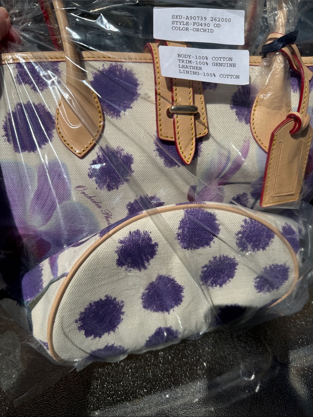Dooney & Bourke Orchid Polka Dot Canvas Tote with Leather Trim